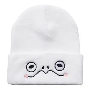 Weiße Strickmütze mit niedlicher Cartoon-Augenstickerei für lässige Wintermode