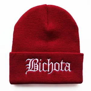 Dark red Bichota embroidered knit beanie hat for men and women in winter fashion style