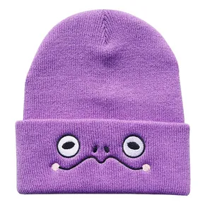 Lila Strickmütze mit lustiger Cartoon-Froschaugen-Stickerei für Herren und Damen