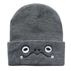 Detail der Zeichentrick-Froschaugen-Stickerei auf dunkelgrauer Strickmütze für den Winter
