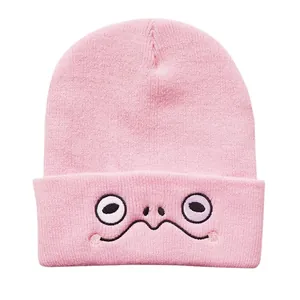 Rosafarbene Strickmütze mit Cartoon-Augen-Stickerei für winterlichen Mode-Stil