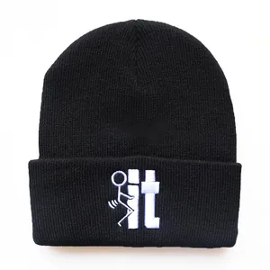 Schwarze Strickmütze für Damen und Herren mit weißem IT-Stick und Umschlag-Design