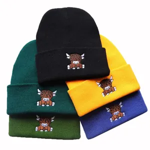 Unisex Hochlandrind Stickerei Strickmütze Winter Warm Acryl Umschlagmütze Für Damen Herren Outdoor Casual Skull Cap