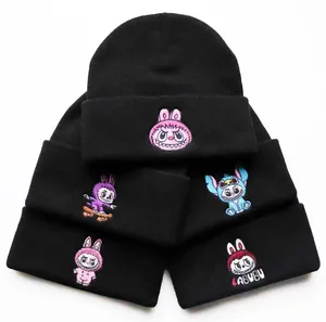 Cozy black knitted beanie for men and women featuring cartoon Labubu embroidery detail