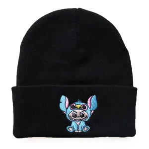 Classic black cuffed beanie featuring a cartoon Stitch embroidery for winter warmth