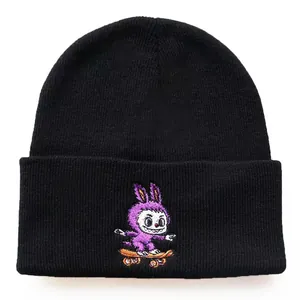 Winter black knit beanie featuring a colorful cartoon rabbit embroidery on the cuff