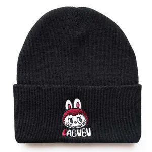 Winter ribbed knit beanie featuring Labubu character embroidery on a black cuff
