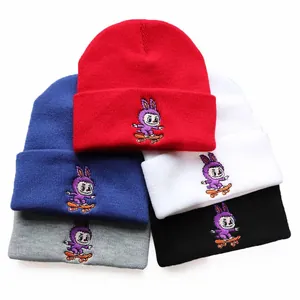 Cartoon Skateboard Rabbit Embroidery Acrylic Knitted Beanie Hat Warm Winter Windproof Outdoor Cuffed Beanie For Men Women Adults