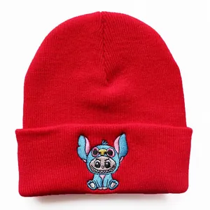 Winter red knitted beanie hat featuring a cute cartoon embroidery for men and women