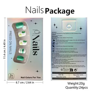Macro shot of 24pcs St. Patrick's Day green glitter press-on nails with packaging dimensions