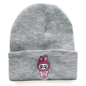 Dark grey knitted beanie featuring pink cartoon embroidery for autumn and winter fashion