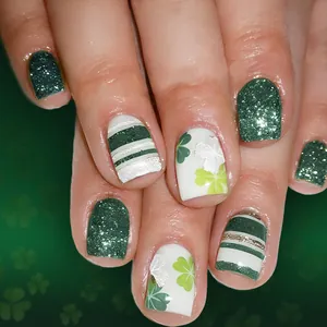 St. Patricks Day Green Shamrock Clover Press On Nails Short Square Glitter Stripe Pattern ABS Plastic Nails For Women