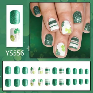 Short square St. Patrick's Day press-on nails with green clover and glitter stripes