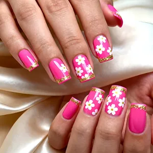 Ongles à Presser Roses Floraux avec Bordure Dorée Française Faux Ongles Amovibles Style Doux et Simple pour Femmes