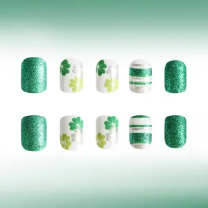 Saint Patrick's Day green clover glitter and striped square press-on nails set