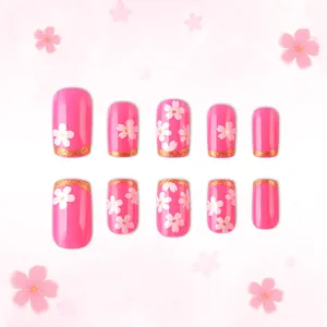 Faux ongles roses à presser avec fleurs de cerisier blanches et paillettes dorées, 10 pcs