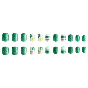 Saint Patrick's Day short square press-on nails with green shamrocks and glitter stripes