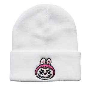 Unisex white ribbed knit beanie with pink cartoon embroidery for winter warmth