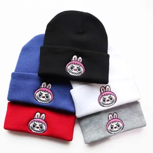 Winter knit beanies for men and women with cute cartoon monster embroidery in five colors