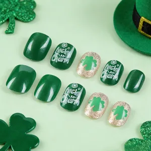St. Patrick's Day short square press-on nails with lucky clover and Lucky Charm art