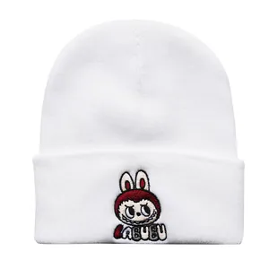 White knitted Labubu beanie for men and women featuring colorful embroidery pattern