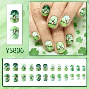Grüne St. Patrick's Day Kunstnägel mit Windmühlen-Landschaft und quadratischer Form