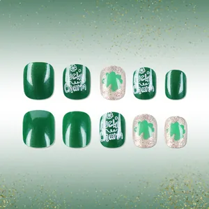 Short square green cat eye press-on nails with lucky shamrock and lucky charm art