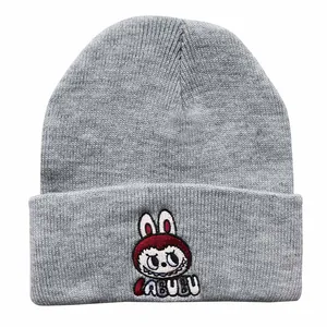 Gray knitted beanie featuring colorful Labubu embroidery with a thick cuffed design