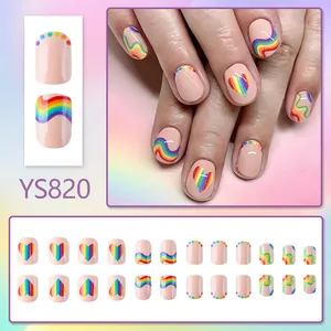 Short round rainbow heart press-on nails set with 24 pieces in sweet dopamine style