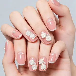 Pink French Tip Press On Nails With 3D Rose And Artificial Pearl Decoration Glossy Short Square False Nails For Women Nail Art