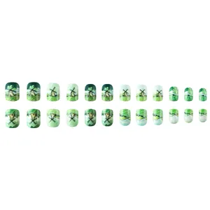 24 tlg. St. Patrick's Day Kunstnägel kurz eckig mit grünem Windmühlen-Landschaftsdesign