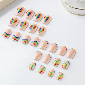 Detail view of 24pcs short square press-on nails with rainbow heart and wave patterns