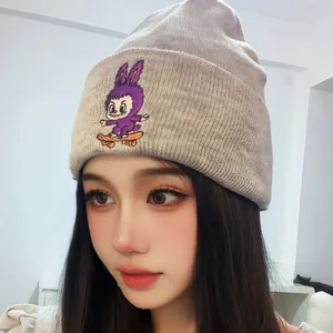 Winter light grey knit beanie with a purple cartoon rabbit embroidery for outdoor warmth