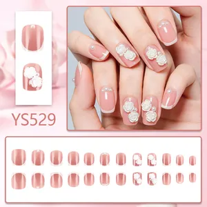 3D rose and pearl accent French press-on nails in soft pink short square shape