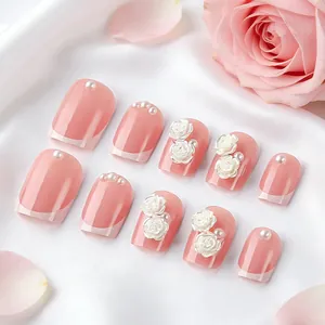 3D rose and pearl french tip press-on nails in soft pink finish 24pcs set