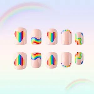 Rainbow striped heart short square press-on nails with dopamine colorful wave patterns
