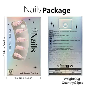 Detail of almond press-on nails set with purple floral patterns and laser gift packaging