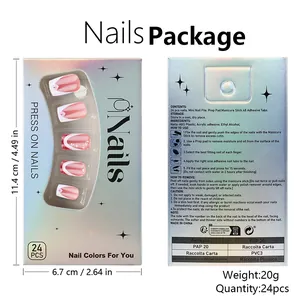 Unghie finte French rosa e bianche con cuori glitter rossi e confezione olografica