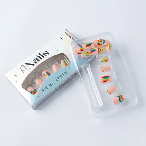 Short rainbow striped press on nails with heart patterns in dopamine color style