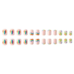 Rainbow stripe and heart pattern press-on nails with short square shape and 24 pieces
