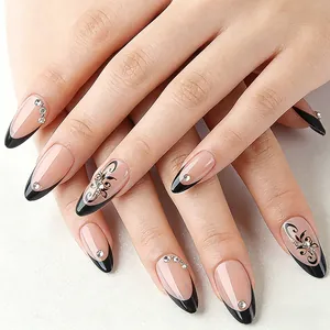 Almond Water Drop Press On Nails Black French Tip Floral Vine Design Rhinestone Nude Pink False Nails For Women Beauty