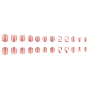 French press-on nails with 3D white roses, pearls and glossy nude pink finish, 24 pieces