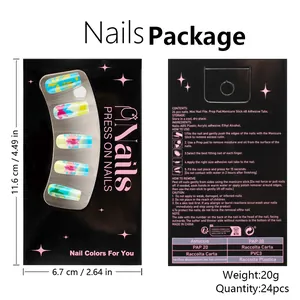 Detail of 24pcs press-on nails with blue gradient floral design and ABS back packaging
