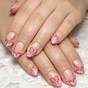 Sweet Pink French Tip Almond Press On Nails Heart Pattern Glossy False Nails For Women Valentine's Day Beauty Accessory