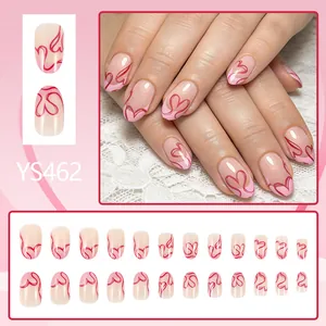 Pink almond press-on nails with red heart patterns and French tips, 24 piece set