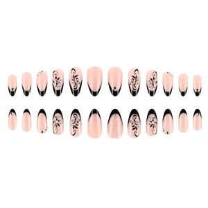 Black French almond press-on nails with floral vine patterns and rhinestones set