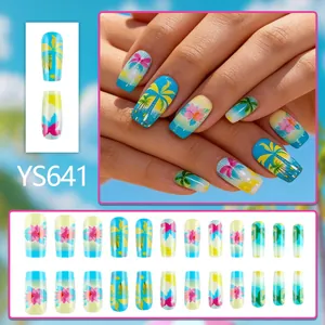 Tropical coconut and floral glossy press-on nails with 24 pieces for summer style