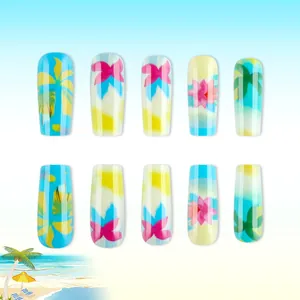 Tropical beach themed long coffin press-on nails with coconut tree and floral designs