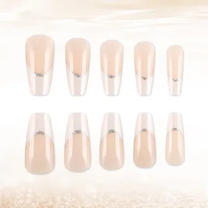 Glossy nude coffin press-on nails with silver glitter lines set of 24 pieces