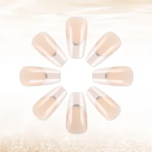 Macro detail of nude coffin nails with elegant silver glitter French curved lines design